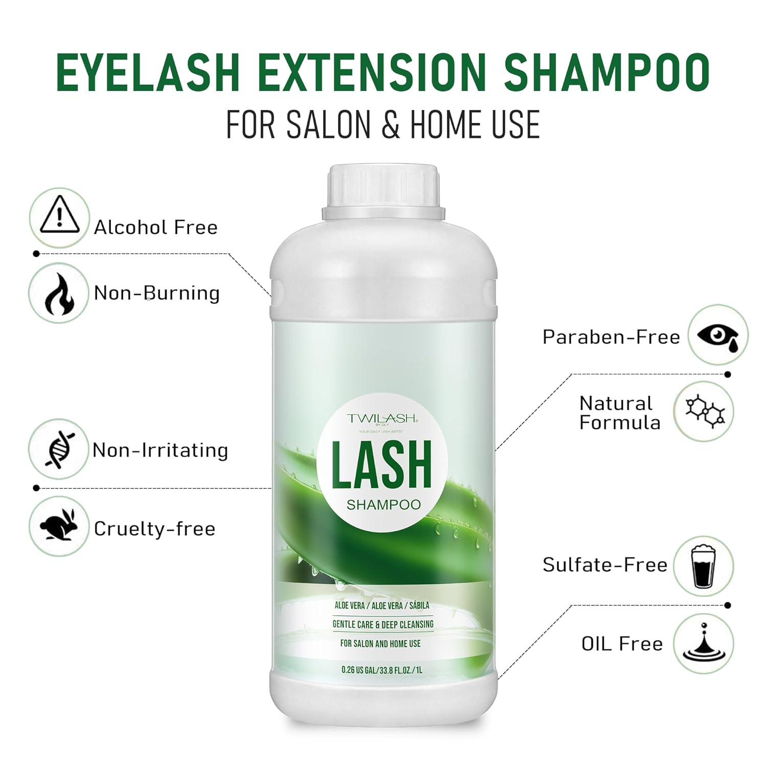 Lash Shampoo Bulk, Eyelash Cleanser for Extensions 1 Liter, Safe Makeup Remover, Non-irritating or Burning Formula Eyelid Foaming Cleanser for Professional Salon and Home Use (Aloe Vera-1L)-Velvo Beauty
