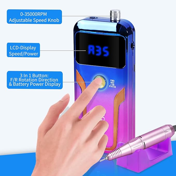 Portable Nail Drill Professional 35000 RPM, MOCOWIND Rechargeable Electric Nail File Machine for Acrylic Nails Gel Polishing Removing, Cordless E-File with Bits for Manicure Salon Home, Blue & Purple-Velvo Beauty