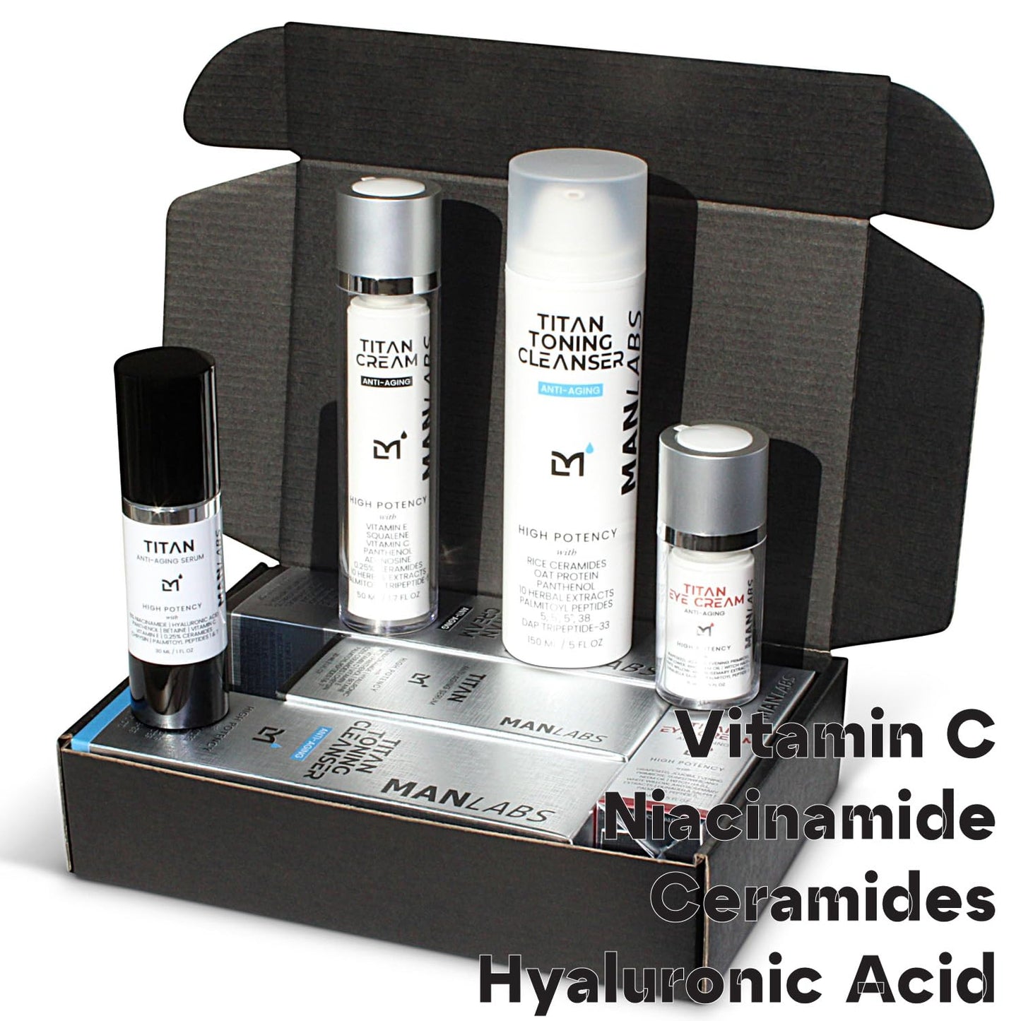 Titan Sports Anti-Aging Mens Skin Care Kit – Cleanser, Face Serum, Eye Cream, Face Moisturizer – Men, Skin Care Set – Dark Circles, Wrinkles, Fine Lines – Vitamin C, Niacinamide, HA–Unscented-Velvo Beauty
