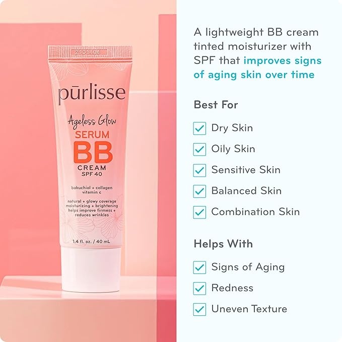 pūrlisse Ageless Glow Serum BB Cream SPF 40 - Glow BB Cream with SPF Enriched with Bakuchiol & Vitamin C to Help Improve Firmness & Reduce Wrinkles for Dewy Skin - Tan Deep (1.4 oz)-Velvo Beauty