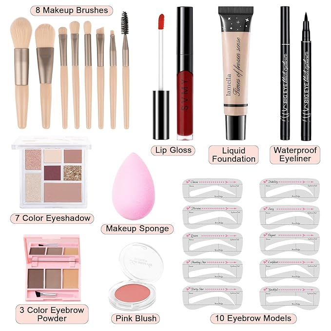 Makeup Kit for Teens Girls, Makeup Present Set for Women, Makeup Full Kit for Beginners, Mini Makeup Bundle Include 7 Puce colors Matte & Shimmer Pigmented Eyeshadow Palette, Eyebrow Powder-Velvo Beauty