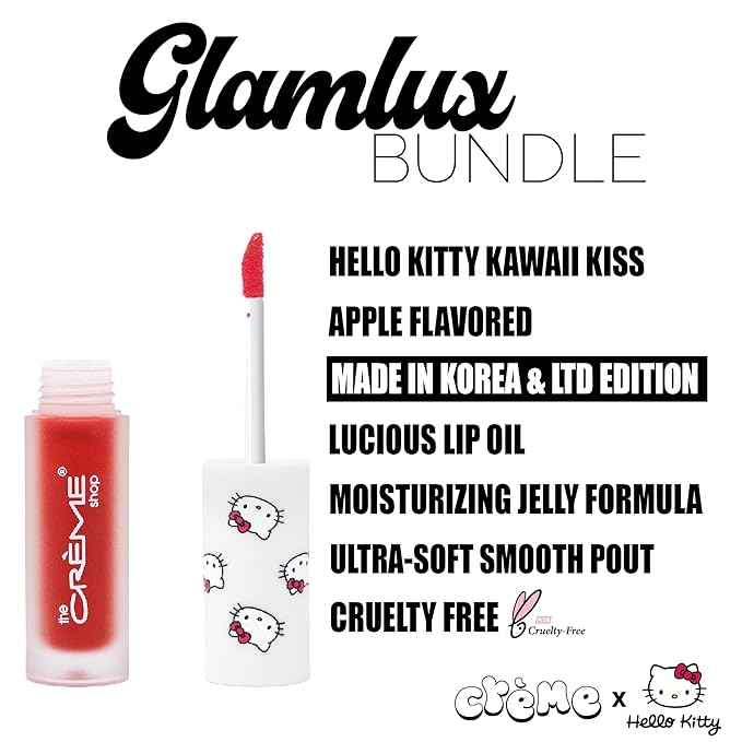 Beauty Bundle The Creme Shop X Hello Kitty Macaron Lip Balm For Cracked/Dry Lips, Hello Kitty Kawaii Kiss Lip Oil Tinted Apple & K-Beauty Tea Time Face Mask; Plumping & Youthful-Velvo Beauty