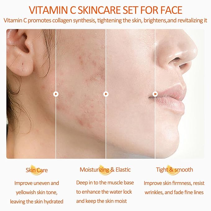 Vitamin C 5-Piece Skincare Set with Cleanser, Toner, Serum, Eye Cream and Face Cream for Skin Brightening skin care set skincare gift set skin care set for Unisex Adult-Velvo Beauty