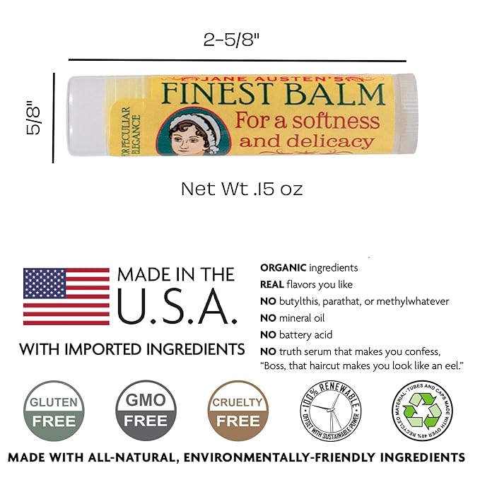 Jane Austen's Finest Balm, Lip Balm Tube, Peppermint Flavored - Cruelty-Free and Made in the USA from Natural and Imported Ingredients-Velvo Beauty