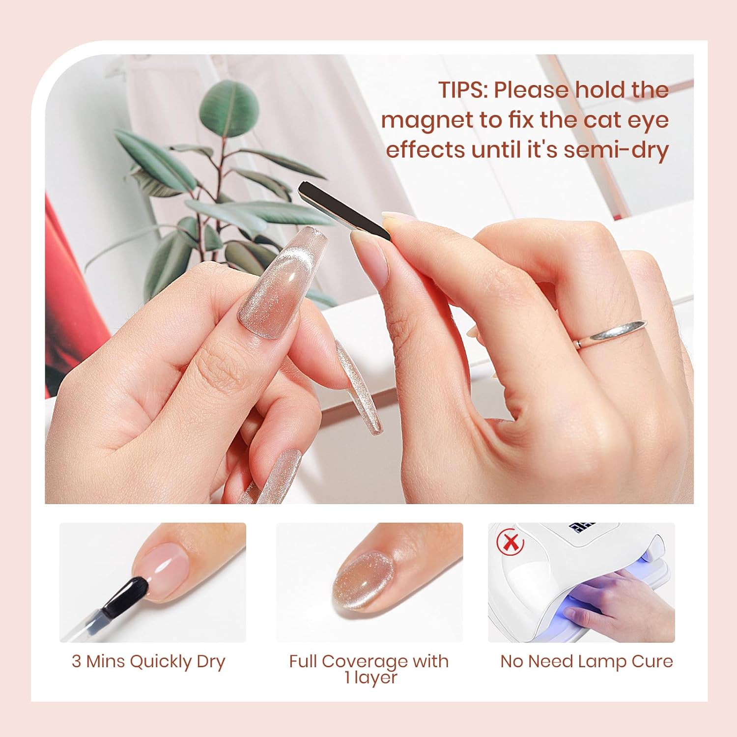 Nude Cat Eye Nail Polish Non Gel with Magnet Quick Dry Magnetic Nail Polish for Fingernail Air Drying Fast Lacquer Manicure Gift For Women Girls 16ml, 0.54fl oz-Velvo Beauty