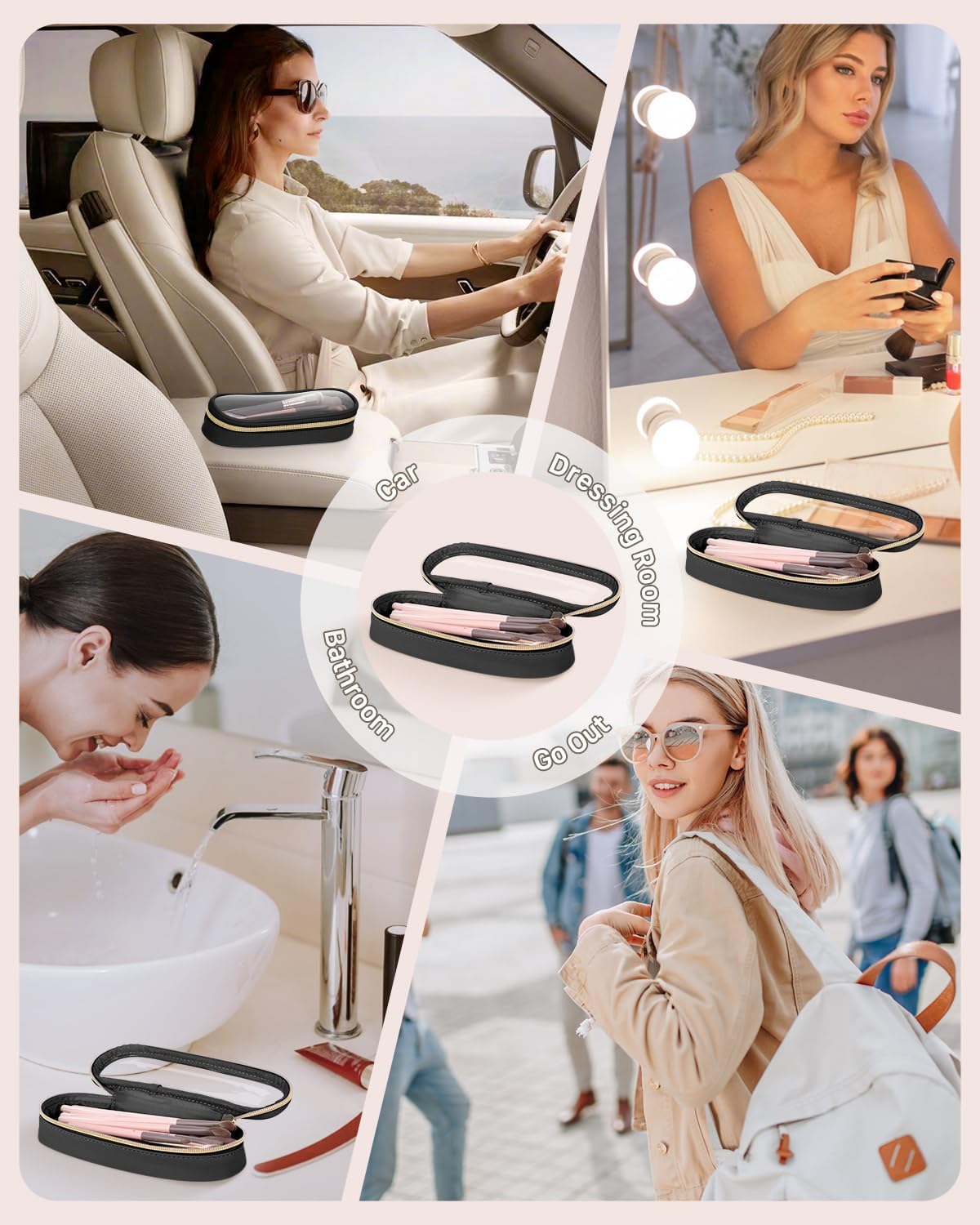 Clear Travel Makeup Brush Holder, Leather Makeup Brush Toiletry Bag, Portable Cosmetic Brush Case, Transparent Waterproof Makeup Brush Storage Bag, Black, Large-Velvo Beauty