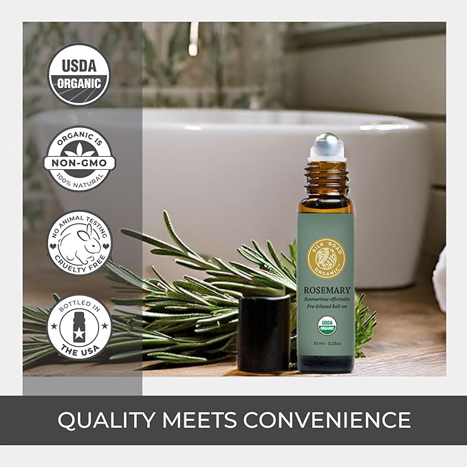 Silk Road Organic Rosemary Essential Oil & Jojoba Roll On, 100% Pure USDA Certified Aromatherapy to Improve Memory & Focus & Hair Health - 10 ml Roller-Velvo Beauty