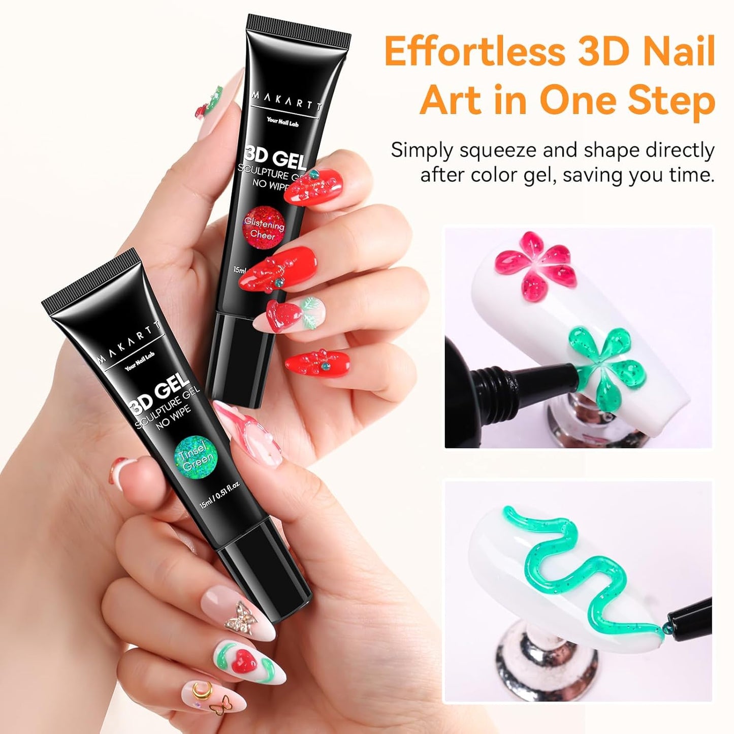 Makartt 3D Sculpting Gel for Nail Art Kit: 3D Nail Gel for Nail Art, 15ml No Wipe Polish for Molding Drawing, Embossed Gels for Nail DIY Manicure - Glistening Cheer & Tinsel Green (2PCS)-Velvo Beauty