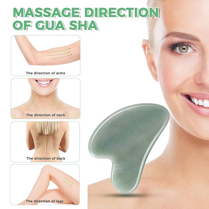 Gua Sha Guasha Facial Tools - Guasha Tool for Face Gua Sha Jade Stone Larbois Gua Sha Scraping Massage Tool for Face and Body SPA Acupuncture Therapy Relieve Muscle Tension Reduce Puffiness (Green)-Velvo Beauty