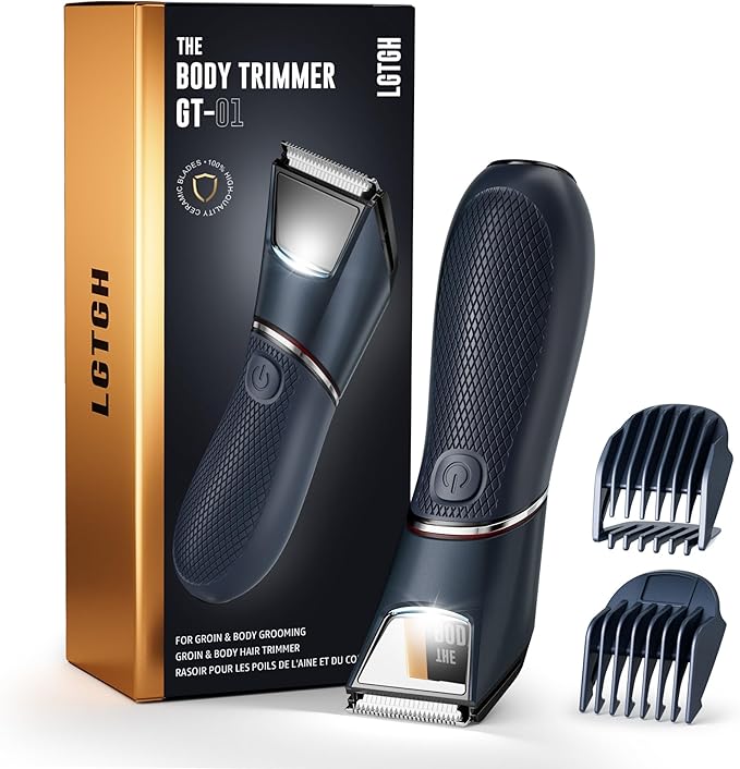 Body Trimmer for Men: Pubic Hair Trimmer with Mirror & LED Light - IPX7 Waterproof Wet/Dry Use for Chest/Back/Groin -Ceramic Blades & Travel Lock - No Nicks/Cuts Ball Shaver-Velvo Beauty