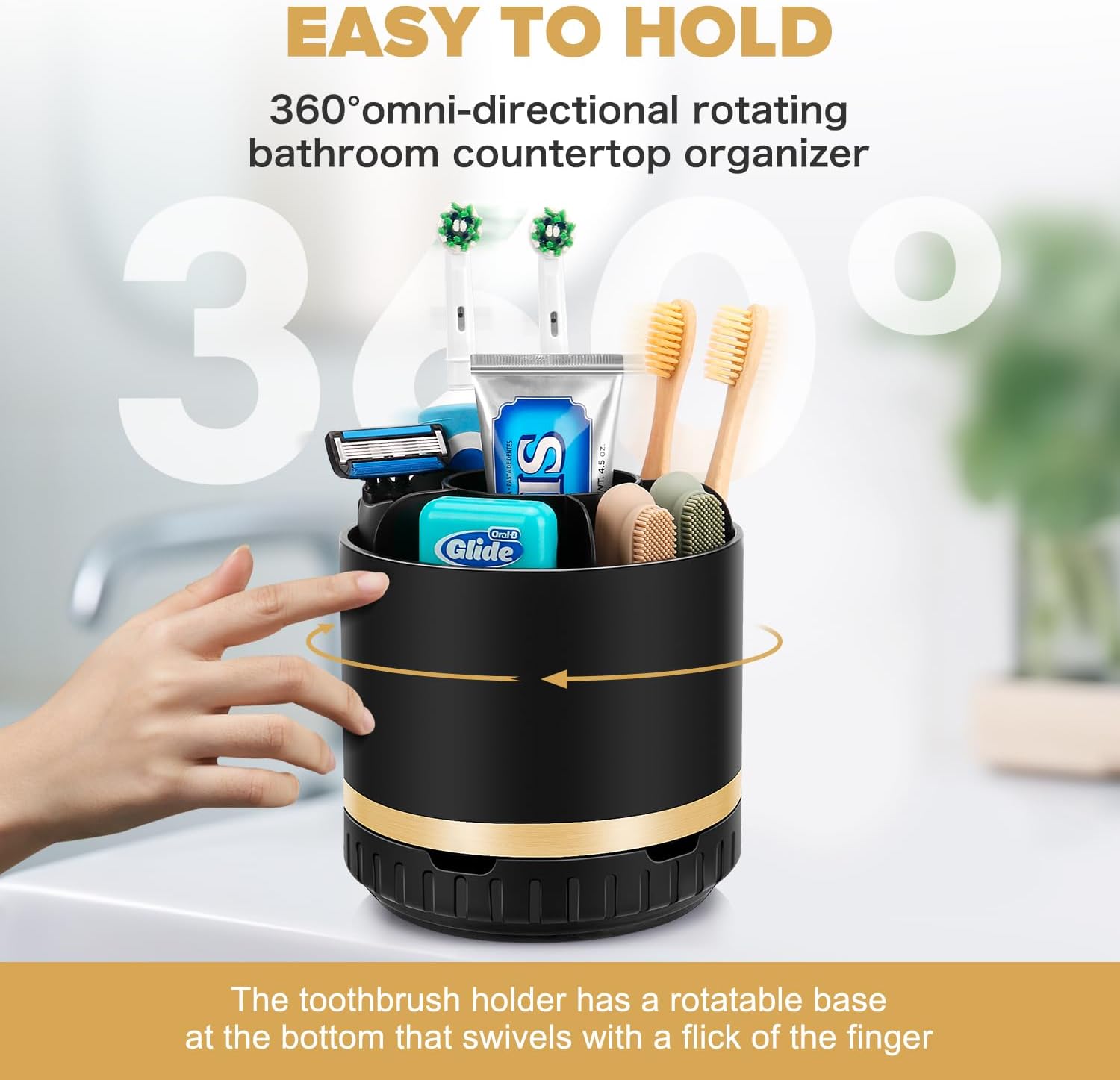 Bathroom Organizer Countertop - Rotating Black Toothbrush Holder for Bathroom Accessories Organization Detachable 6 Slots Bathroom Sink Storage Caddy Vanity Organizer-Velvo Beauty