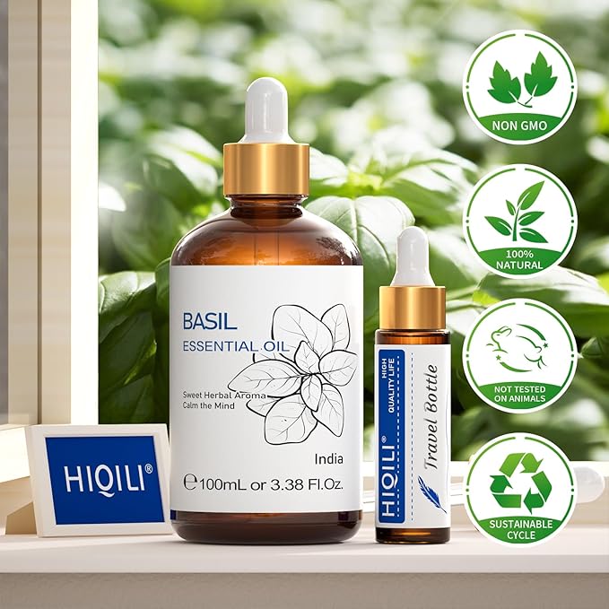 HIQILI Basil Essential Oil, 100% Pure & Natural, Diffuser in Bedroom, Yoga, Mediation for Calming Relaxation Mood, Hair Growth, Body Massage, DIY Sweet Herbal Scented Soap Gifts- 100ML-Velvo Beauty