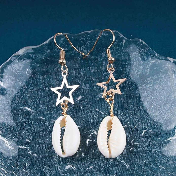 Vintage Cowrie Drop Earrings Puka Shell Dangle Earrings Gold Star Dangling Earrings Hollow Star Earrings Jewelry for Women-Velvo Beauty
