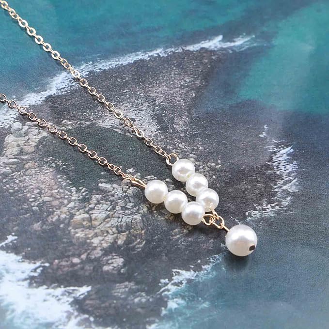 Vintage Pearl Pendant Necklace Gold Pearl Beads Necklace Freshwater Cultured Pearl Chain Necklace Pearl Bar Necklace Chain Jewelry for Women and Girls-Velvo Beauty
