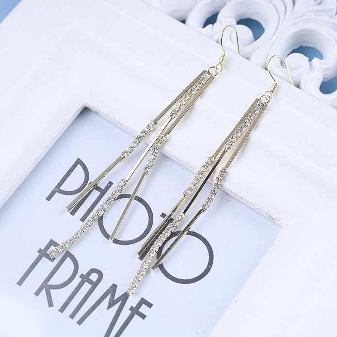 Vintage Crystal Tassel Earrings Rhinestone Bar Drop Earrings Long Rhinestone Chain Earrings Gold Cz Bar Hook Earrings Sparkle Tennis Chain Earrings Jewelry for Women-Velvo Beauty