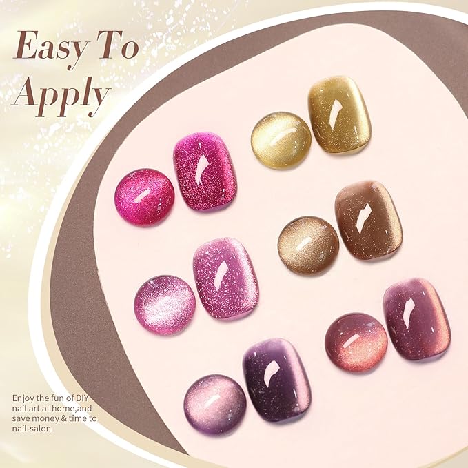 Born Pretty Cat Magnetic Eye Gel Nail Polish, Fall Winter Jelly Glass Magnetic Gel Polish, Purple Brown Pink Nude Glitter Soak Off Nail Art Salon Manicure Home Gift 7ml 6pcs-Velvo Beauty