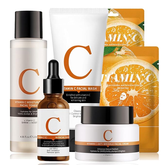 Vitamin C Skin Care Sets, 6Pcs Skin Care Products Set, Skin Care Gift Set for Women Girls, Hydrating Skincare Routine Set, Face Care Kit Includes Cleanser, Mask, Face Serum, Toner, Cream-Velvo Beauty