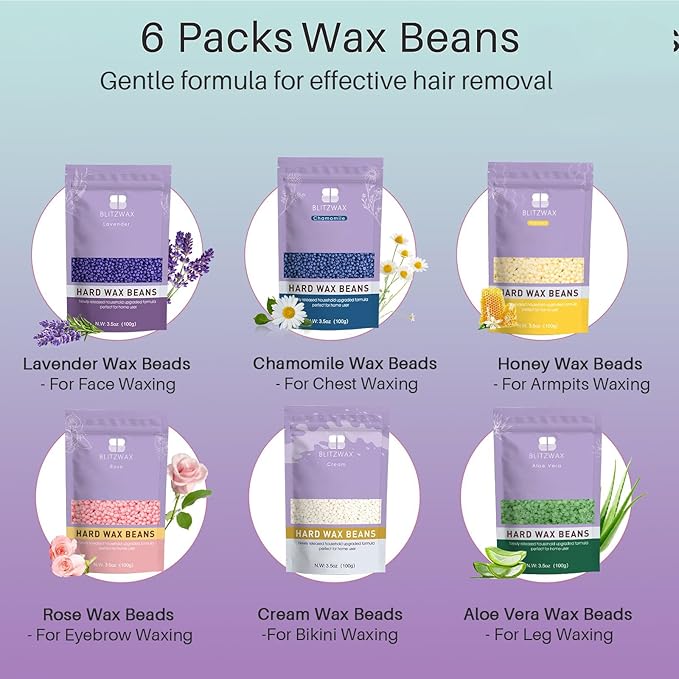 BLITZWAX Brazilian and Bikini Waxing Kit for Women, Hard Wax Warmer for Face, Legs, and Body, At Home Hair Removal Kit, Beginner Friendly, Quick Heating, 32pcs Wax Spatulas-Velvo Beauty