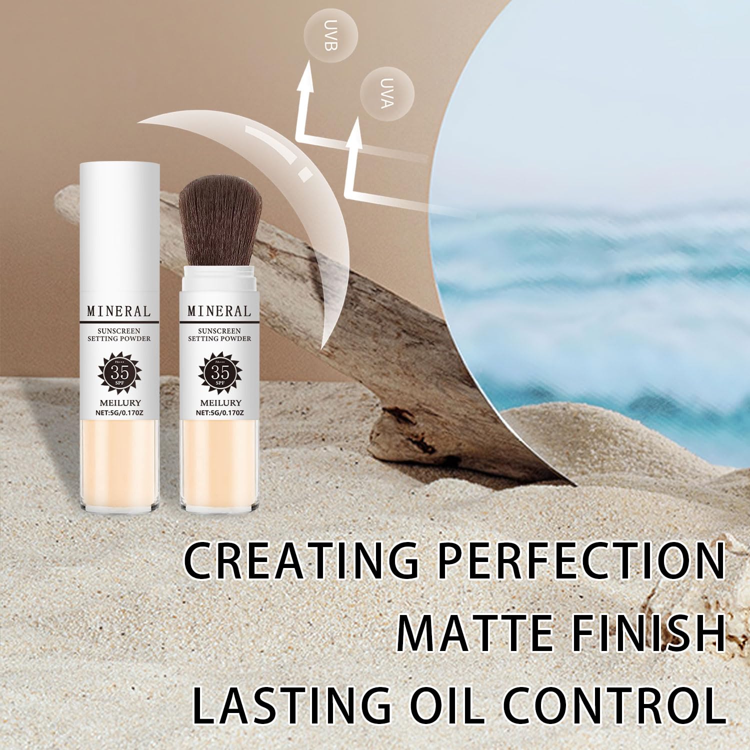 Sunscreen Setting Powder SPF 35, Mineral Brush Powder for Face & Scalp, Oil Control Natural Matte Finish Loose Powder Translucent Lasting Lightweight Breathable for All Skin (#05 Medium)-Velvo Beauty