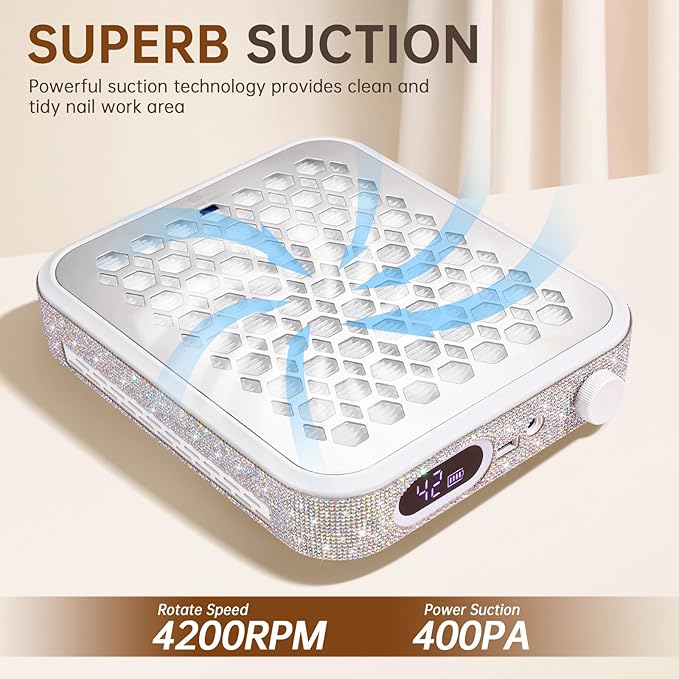 Nail Dust Collector, Rechargeable Dust Collector Nail Tech, Powerful Vacuum Fan Vent Dust Collector Extractor Dust Suction Machine for Acrylic Nails Polishing, Nail Salon&Home, White-Velvo Beauty
