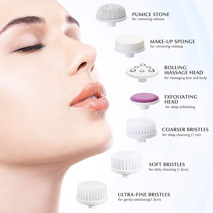 COSLUS Facial Cleansing Brush Silicone Face Scrubber: 7 in 1 FBS-D Electric Exfoliating Rotating Massage Device Waterproof Deep Cleaning Exfoliation Spa Machine - Electronic Skin Care Wash System-Velvo Beauty