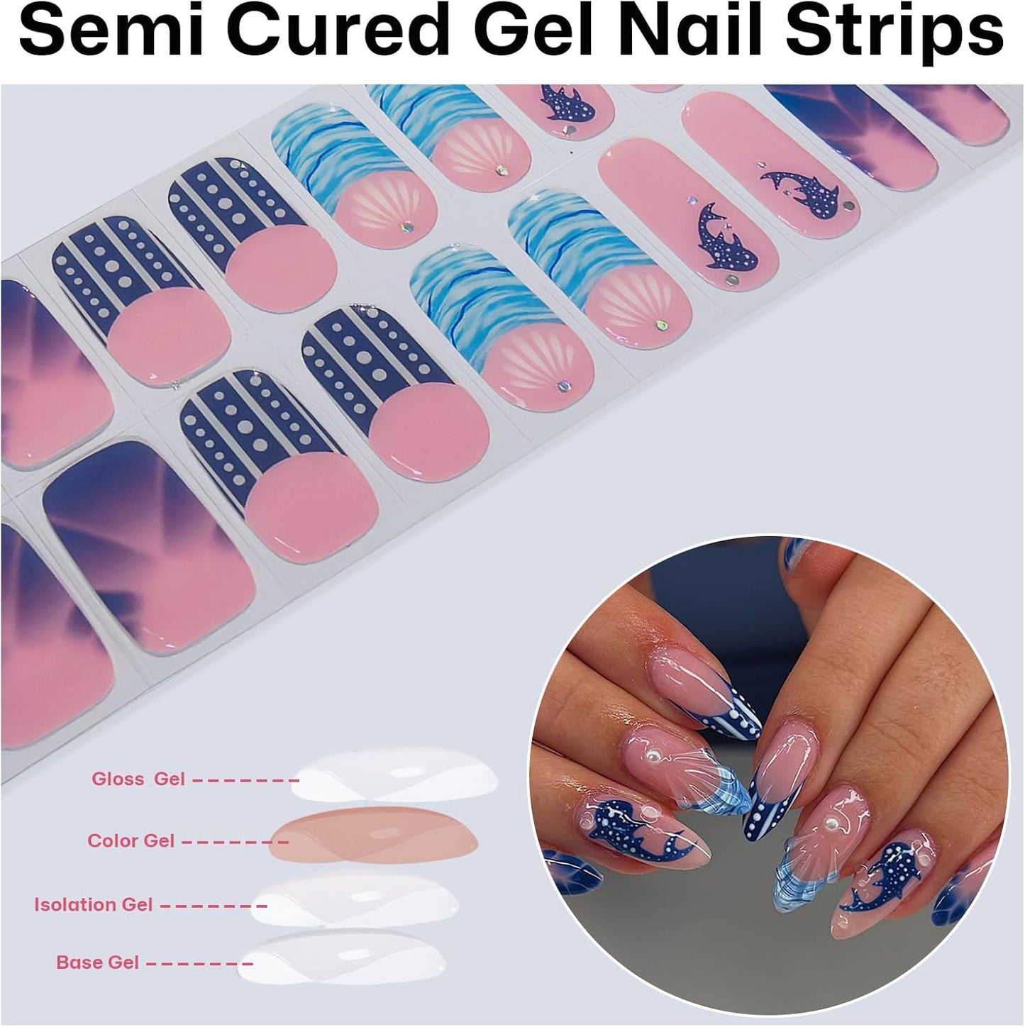 Semi Cured Gel Nail Strips with Shark Designs Gel Nail Stickers Blue Glossy French Tip Salon Quality & Easy to Use 20 Pcs for Women-Velvo Beauty