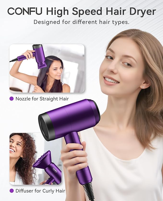Hair Dryer with Diffuser, CONFU Ionic Blow Dryer 1600W, Portable Lightweight Fast Drying Negative Ion Hairdryer, 3 Heat Settings with Diffuser and Concentrator Nozzle for Home & Travel-Velvo Beauty