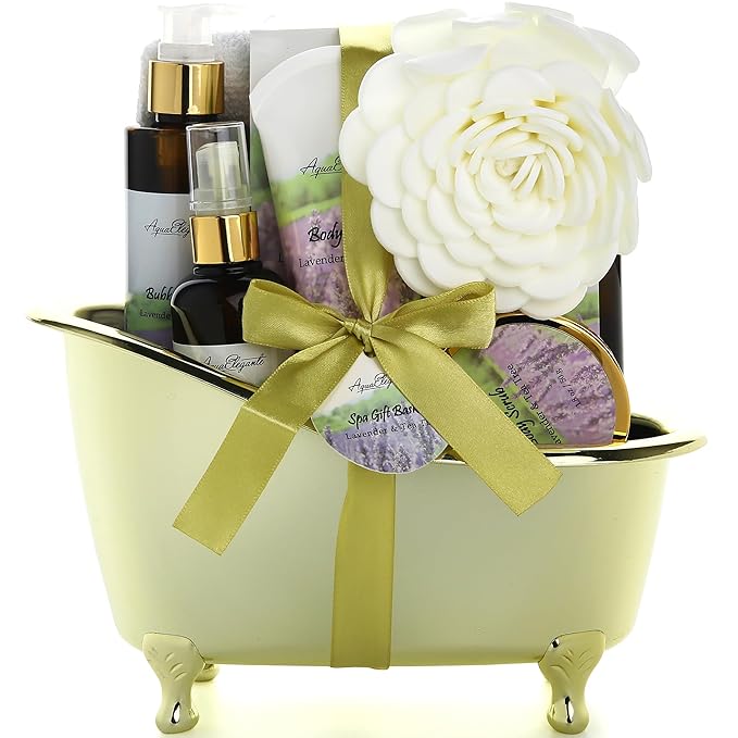 Spa Gift Baskets For Women - Luxury Bath Set With Lavender & Tea Tree Oil - Spa Kit Includes Body Wash, Bubble Bath, Lotion, Bath Salts, Body Scrub, Body Spray, Shower Puff, and Towel-Velvo Beauty