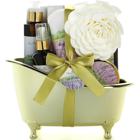 Spa Gift Baskets For Women - Luxury Bath Set With Lavender & Tea Tree Oil - Spa Kit Includes Body Wash, Bubble Bath, Lotion, Bath Salts, Body Scrub, Body Spray, Shower Puff, and Towel-Velvo Beauty