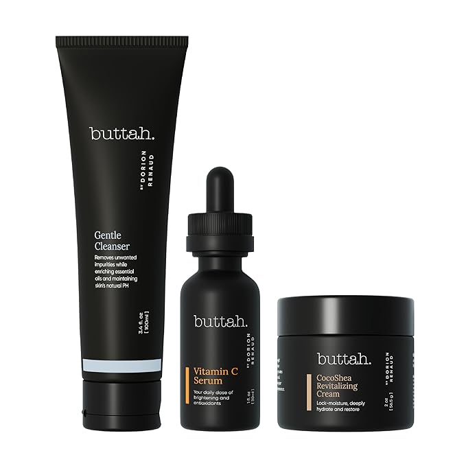 Buttah Skin Transforming Kit for Melanin Rich Skin | CocoShea Revitalizing Cream 2 oz | Vitamin C Serum 1 oz | Buttah Cleanser 3.4 oz | Black Owned Skincare-Velvo Beauty