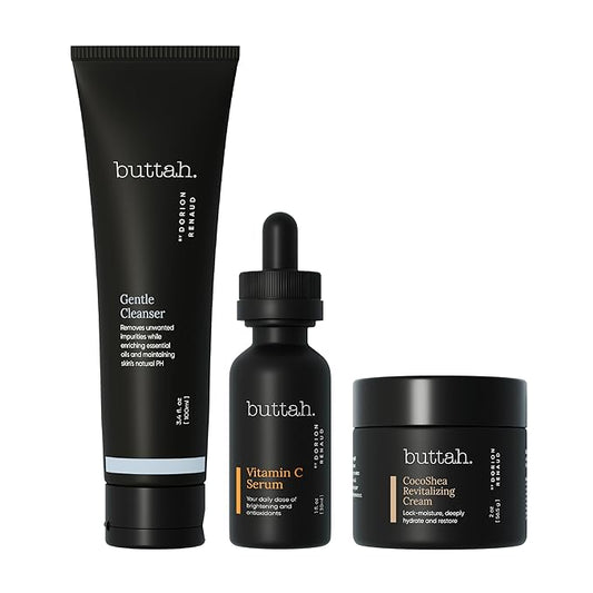 Buttah Skin Transforming Kit for Melanin Rich Skin | CocoShea Revitalizing Cream 2 oz | Vitamin C Serum 1 oz | Buttah Cleanser 3.4 oz | Black Owned Skincare-Velvo Beauty