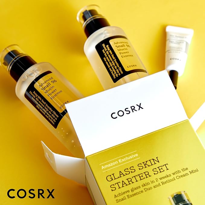 COSRX Glass Skin Korean Skincare Set- Advanced 96% Snail Mucin Serum (3.38fl oz * 2pcs) & Mini Sized 0.1% Retinol Cream for Face (0.1oz)- Korean Skin Care Gift Set, Anti Aging Set-Velvo Beauty