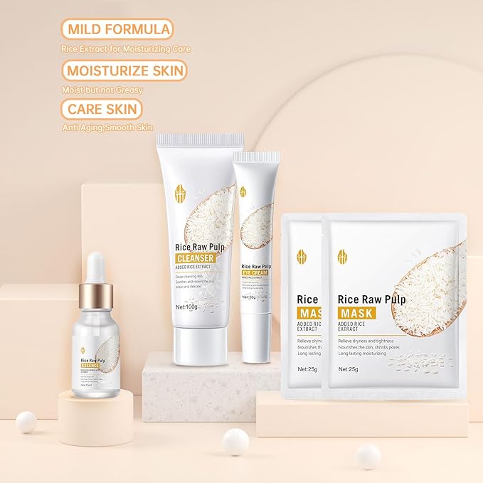 Rice Skin Care Sets For Women, 5/6Pcs Skin Care Kit, Moisturizing Skin Care Gift Set , Face Care Kit Inclusde Rice Mask, Cleanser, Toner, Lotion, Eyecream, Face Serum (5pcs Rice Raw Pulp)-Velvo Beauty