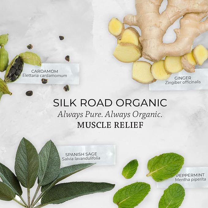 Silk Road Organic Muscle Relief Essential Oil Blend Roll On, 100% Pure USDA Certified Aromatherapy for Muscle Aches & Stiff Joints with Peppermint & Ginger - 10 ml Roller-Velvo Beauty