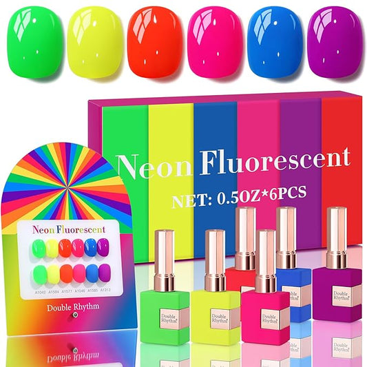 Double Rhythm 6 Pcs 15 ML Gel Polish Set Same Color Same Bottle Soak Off Gel Polish Kit Nail Art Manicure Salon DIY at Home for Women (Neon Green Red Pink Blue Purple-T6-12)-Velvo Beauty