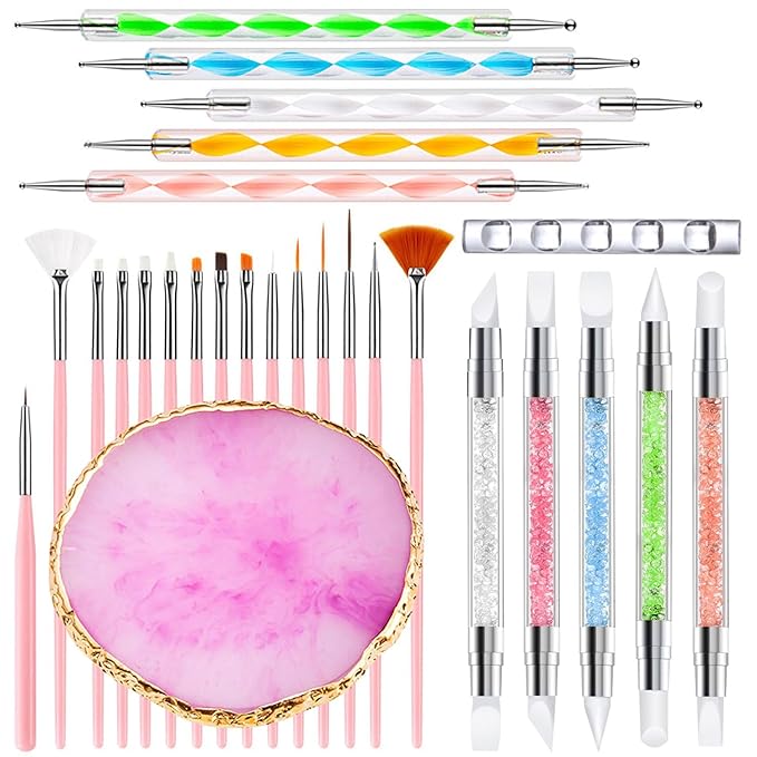 Nail Art Tools 27Pcs Set,Nail Art Brush,Resin Nail Art Palette,5 Pcs Nail Art Sculpture Pen,2-way Acrylic Silicone Engraving Pen Dotting Pen Tools Nail Art Kit for Nail Art DIY-Velvo Beauty