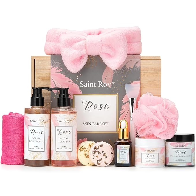 Spa Gifts for Women，10pcs Self Care Kit ROSE Scented with Facial Cleanser, Scrub Body Wash, Facial Clay Mask, Facial, Essential Oil, Birthday Gifts Skin Care Set, Mothers Day Gifts Ideas-Velvo Beauty