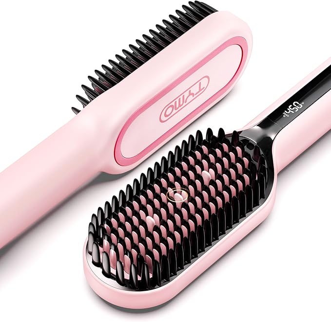 TYMO Hair Straightener Brush - Upgraded Ionic Plus Straightening Brush with Dense Bristles, 16 Temps, Dual Voltage | Ceramic Hot Comb for Women | Flat Iron for Thick Curly Hair, Pink-Velvo Beauty