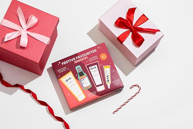 Q+A Festive Favourites Gift Set, containing a Hyaluronic Acid Moisturiser (75ml), an Oat Milk Cream Cleanser (75ml), an Azelaic Acid Serum (30ml), and a Caffeine Eye Serum (15ml)-Velvo Beauty