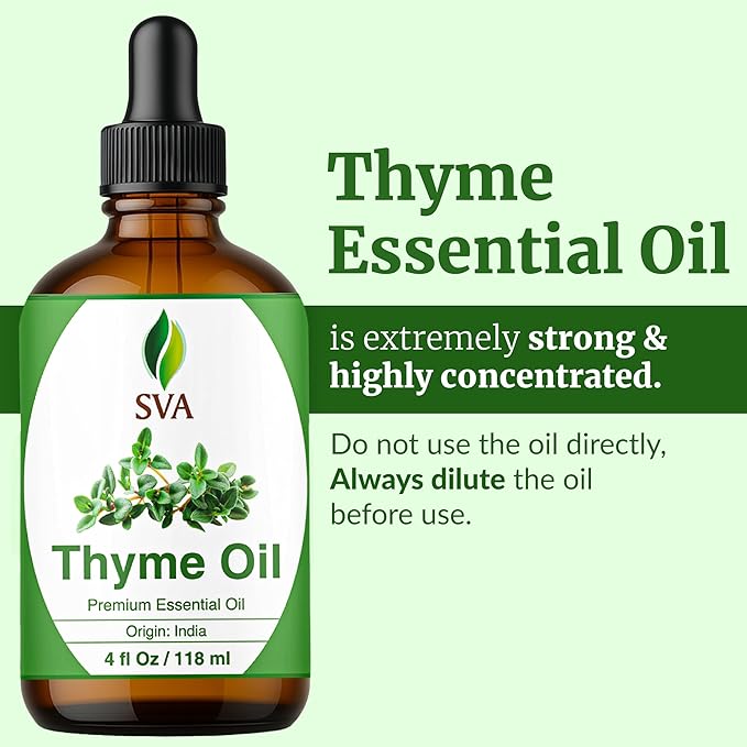 SVA Thyme Essential Oil – 4 Fl Oz – 100% Natural Thyme Oil - for Diffuser, Hair Care, Face, Skin Care, Aromatherapy, Scalp and Body Massage, Soap and Candle Making – with Dropper-Velvo Beauty