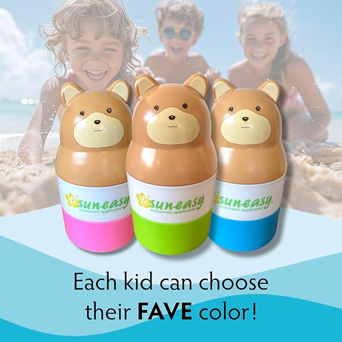 Sun-Easy Sunscreen Applicator, Refillable Roll-On with Sponge for Kids and Babies, Fun, Fast and Mess-Free application, Holds 100 ml, Bear/Green Cap-Velvo Beauty