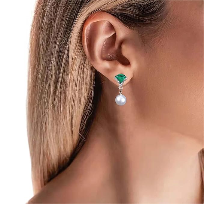 Vintage Cz Emerald Pearl Earrings Gold Pearl Drop Earrings Triangle Emerald Earrings Geometric Emerald Stud Earrings Jewelry for Women and Girls-Velvo Beauty