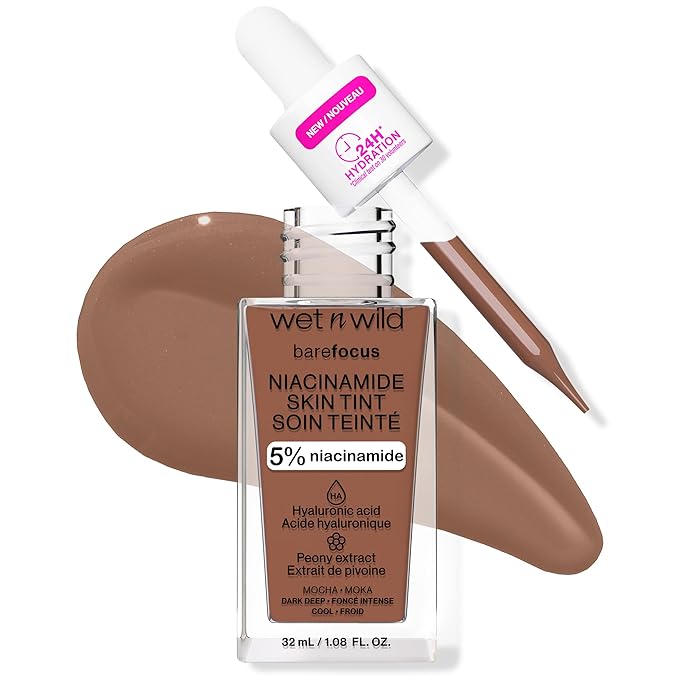 wet n wild Bare Focus Skin Tint, 5% Niacinamide Enriched, Buildable Sheer Lightweight Coverage, Natural Radiant Finish, Hyaluronic & Vitamin Hydration Boost, Cruelty-Free & Vegan - Mocha-Velvo Beauty