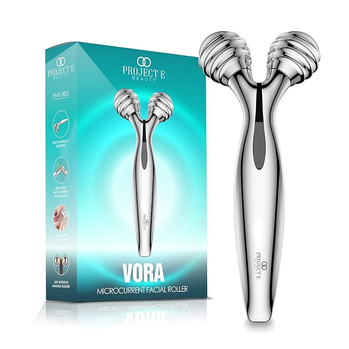 VORA Microcurrent Facial Roller by Project E Beauty | 3D Face & Body Massager | Instant Face Lift & V-Shape | Collagen Boost | Tightens Skin | Anti-Aging | Roller Tightens Skin | Solar Powered-Velvo Beauty