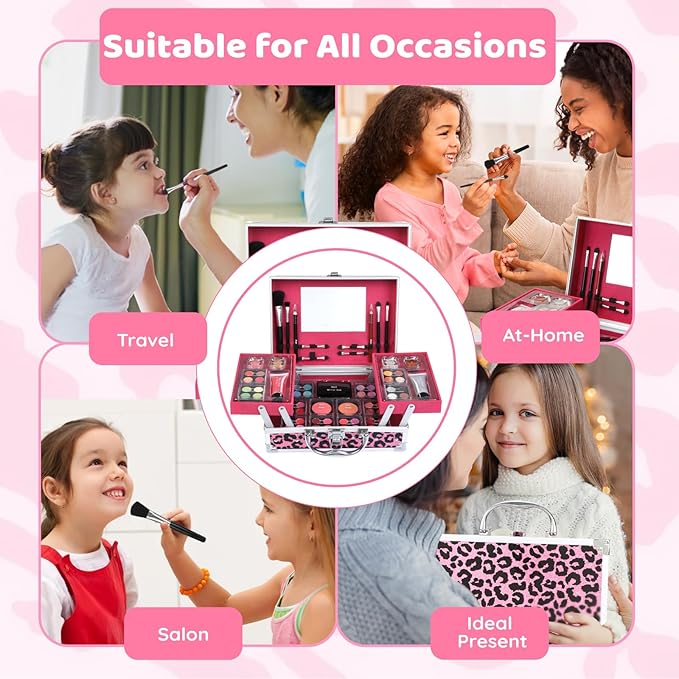 Anpro All-In-One Leopord Double Folding Makeup Carry Case with Pro Teen Makeup Set, Full Starter Kit with Makeup Brushes, Lipsticks, Eyeshadow Palette, Blushes, Glitter Gel, Ideal Present for Girls-Velvo Beauty