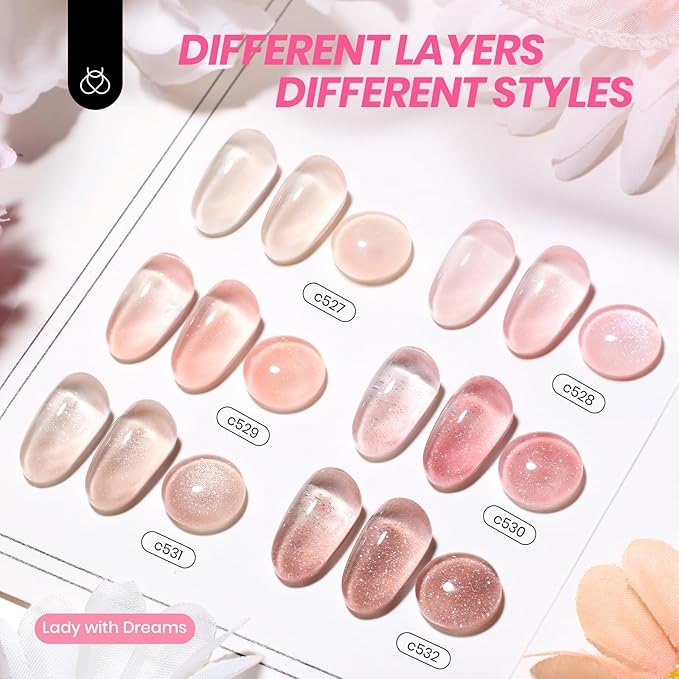 Beetles Jelly Gel Nail Polish Set - 6 Colors Nude Pink Brown Shimmer Giltter Fall Gel Polish Kit Sheer Transparent Effect Soak Off UV Lady with Dreams Collection Gift for Women-Velvo Beauty