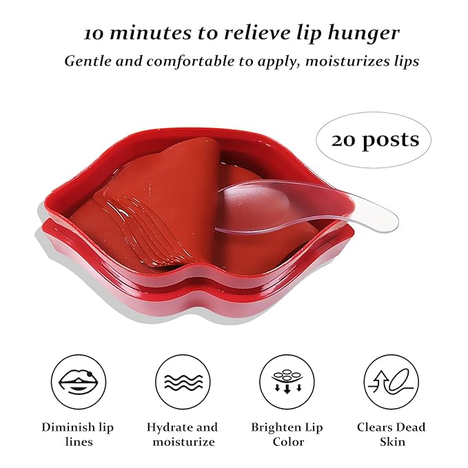 20Pcs Lip Mask, Red Cherry Lip Moisturizing Plumping Masks Overnight, Lip Gel Treatment Lip Masks for Dry Lips Smooth& Plump Chapped Lip Collagen Overnight Lip Care Pads Patches(Red)-Velvo Beauty
