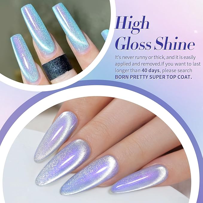 Born Pretty Auroras Cat Magnetic Eye Gel Nail Polish Set Shimmer Glitter with Magnet 9D Holographic Reflective Magnetic Nail Polish Kit Auroras Mermaid Green Blue Purple Pink Purple 6 Colors-Velvo Beauty