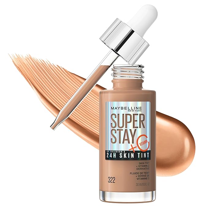 Maybelline Super Stay Up to 24HR Skin Tint, Radiant Light-to-Medium Coverage Foundation, Makeup Infused With Vitamin C, 322, 1 Count-Velvo Beauty