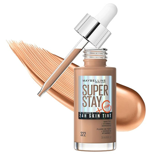 Maybelline Super Stay Up to 24HR Skin Tint, Radiant Light-to-Medium Coverage Foundation, Makeup Infused With Vitamin C, 322, 1 Count-Velvo Beauty
